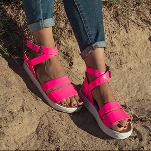 Neon Pink Strappy Ankle Sandals